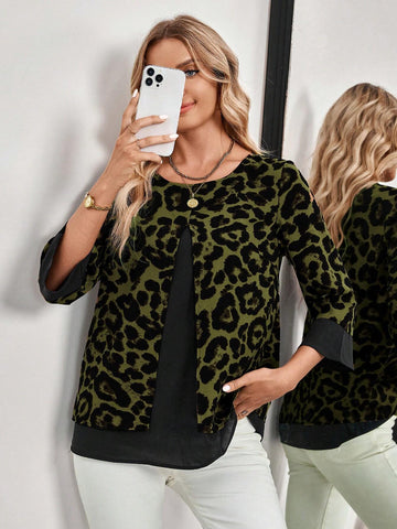EMERY ROSE Women's Long Sleeve Shirt With Leopard Print Patchwork, Giving The Illusion Of A Two-Piece Outfit, For Autumn.