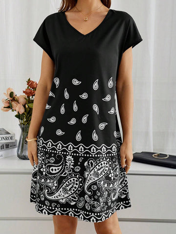 EMERY ROSE Women's Loose Fit Above Knee Short Sleeve Dress With Floral Print And Waist Tie For Spring & Summer