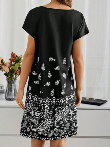 EMERY ROSE Women's Loose Fit Above Knee Short Sleeve Dress With Floral Print And Waist Tie For Spring & Summer