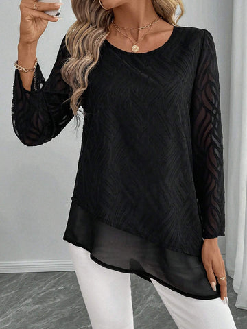 EMERY ROSE Women's Loose Mesh Long Sleeve Round Neck Blouse, Autumn
