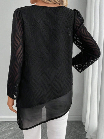 EMERY ROSE Women's Loose Mesh Long Sleeve Round Neck Blouse, Autumn