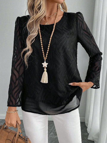 EMERY ROSE Women's Loose Mesh Long Sleeve Round Neck Blouse, Autumn