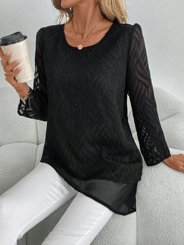 EMERY ROSE Women's Loose Mesh Long Sleeve Round Neck Blouse, Autumn