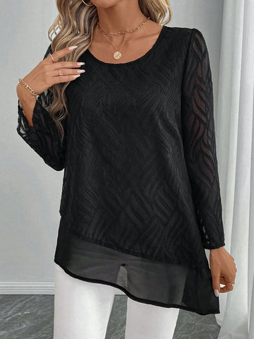 EMERY ROSE Women's Loose Mesh Long Sleeve Round Neck Blouse, Autumn