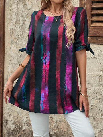 EMERY ROSE Women's Loose Striped Short Sleeve Casual Shirt, Summer