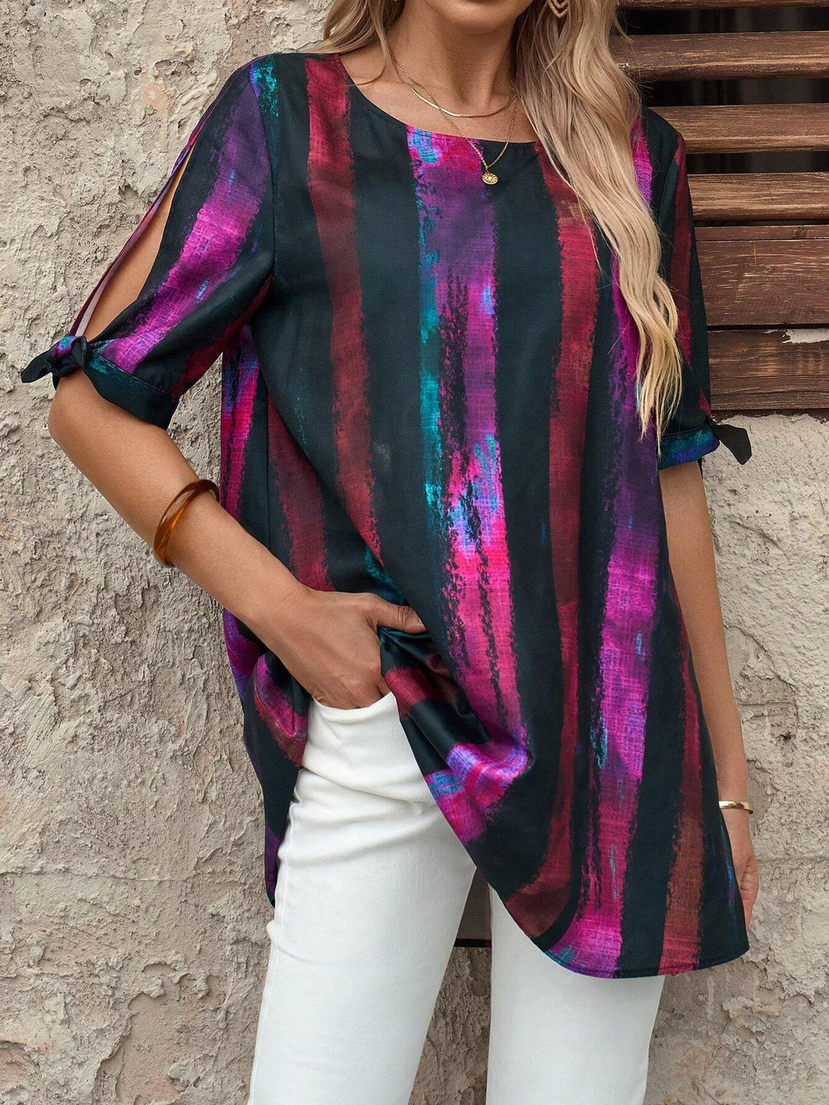 EMERY ROSE Women's Loose Striped Short Sleeve Casual Shirt, Summer