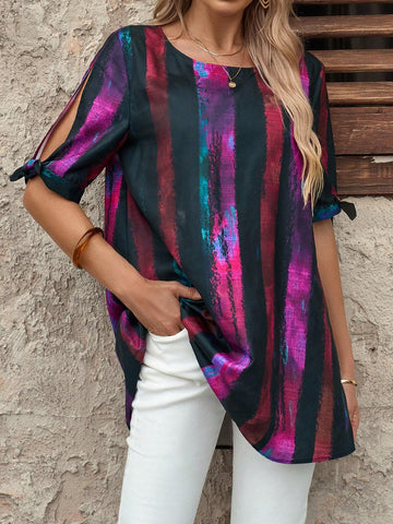 EMERY ROSE Women's Loose Striped Short Sleeve Casual Shirt, Summer