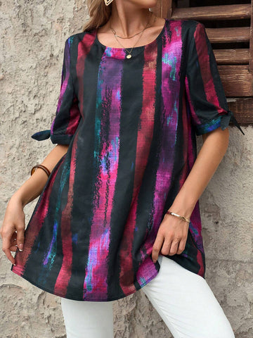 EMERY ROSE Women's Loose Striped Short Sleeve Casual Shirt, Summer