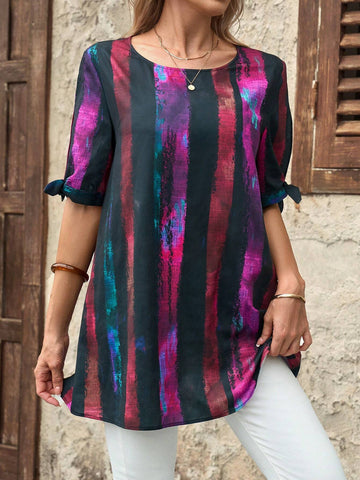 EMERY ROSE Women's Loose Striped Short Sleeve Casual Shirt, Summer