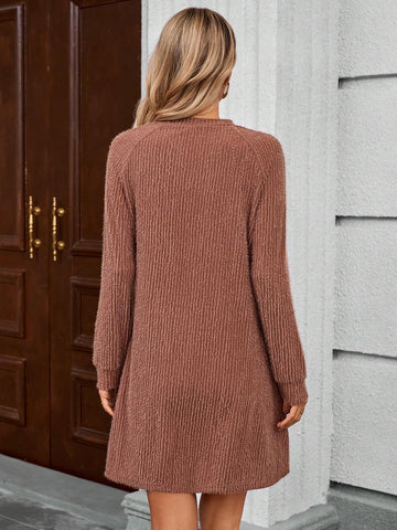 EMERY ROSE Women's Minimalist Short Round Neck Long Sleeve Dress