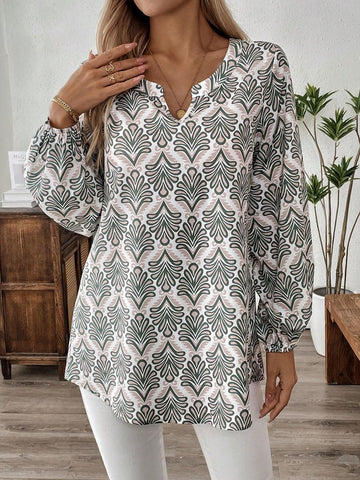 EMERY ROSE Women's Notch Collar Long Printed Blouse, Autumn