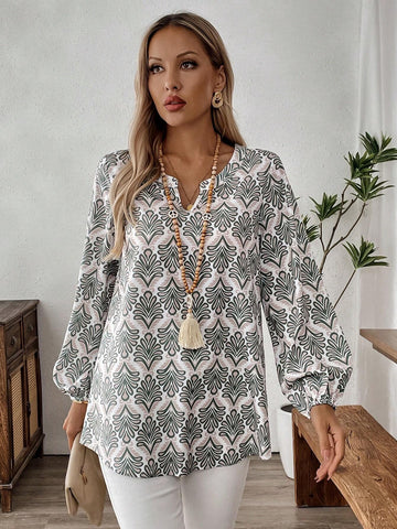 EMERY ROSE Women's Notch Collar Long Printed Blouse, Autumn