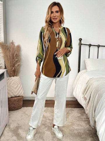 EMERY ROSE Women's Notched Neck Single-Breasted Printed Casual Long Sleeve Blouse, Autumn