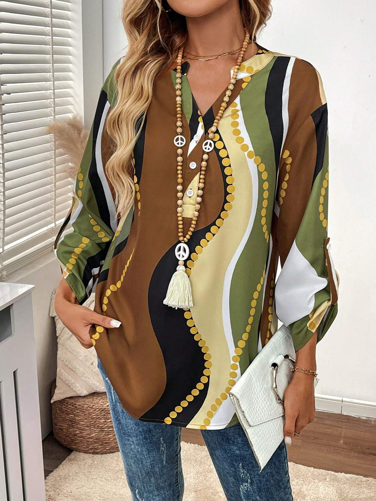 EMERY ROSE Women's Notched Neck Single-Breasted Printed Casual Long Sleeve Blouse, Autumn