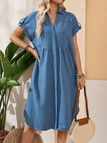 EMERY ROSE Women's Notched V-Neck Batwing Sleeve Solid Color Summer Dress Casual Dress
