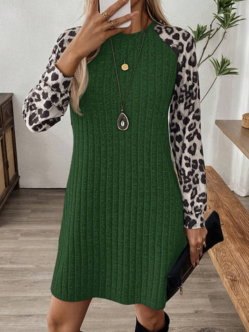 EMERY ROSE Women's Patchwork Leopard Print Long Sleeve Short Casual Dress, Autumn