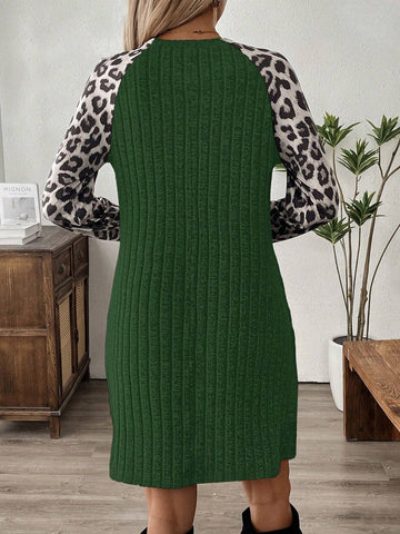 EMERY ROSE Women's Patchwork Leopard Print Long Sleeve Short Casual Dress, Autumn