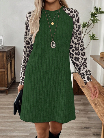 EMERY ROSE Women's Patchwork Leopard Print Long Sleeve Short Casual Dress, Autumn