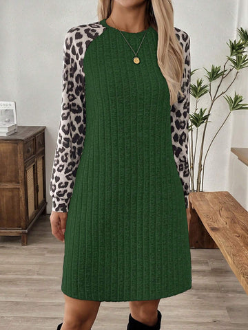 EMERY ROSE Women's Patchwork Leopard Print Long Sleeve Short Casual Dress, Autumn