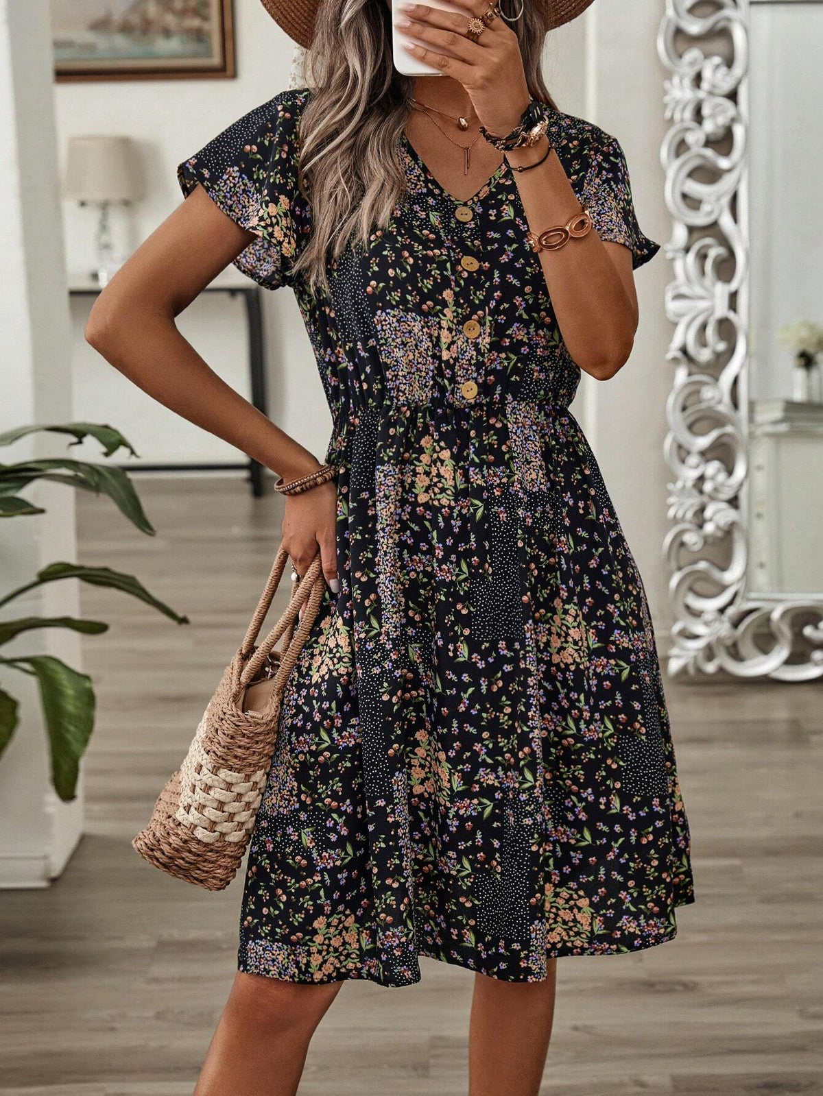EMERY ROSE Women's Patchwork Printed Tie Waist Holiday Leisure Dress