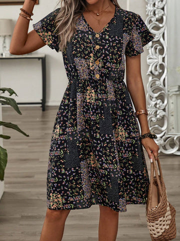 EMERY ROSE Women's Patchwork Printed Tie Waist Holiday Leisure Dress