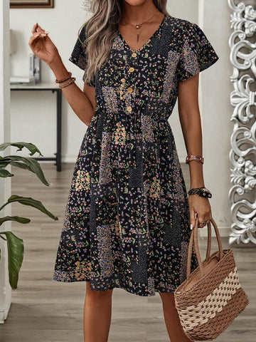 EMERY ROSE Women's Patchwork Printed Tie Waist Holiday Leisure Dress