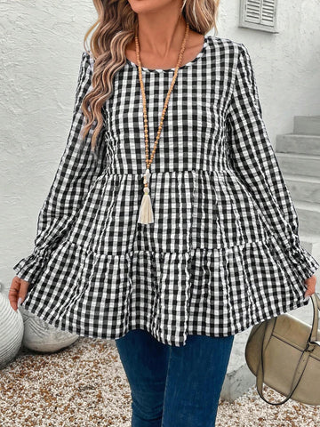EMERY ROSE Women's Plaid Crew Neck Ruffle Trim Long Sleeve Blouse, Autumn