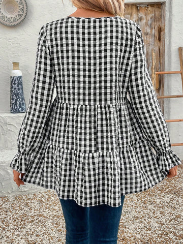 EMERY ROSE Women's Plaid Crew Neck Ruffle Trim Long Sleeve Blouse, Autumn