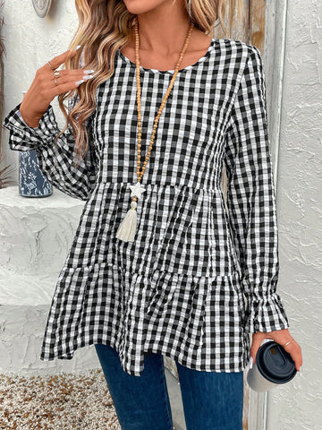 EMERY ROSE Women's Plaid Crew Neck Ruffle Trim Long Sleeve Blouse, Autumn