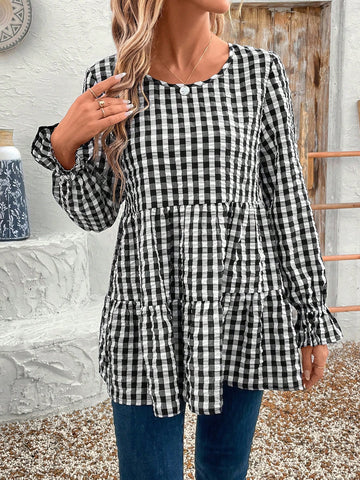 EMERY ROSE Women's Plaid Crew Neck Ruffle Trim Long Sleeve Blouse, Autumn