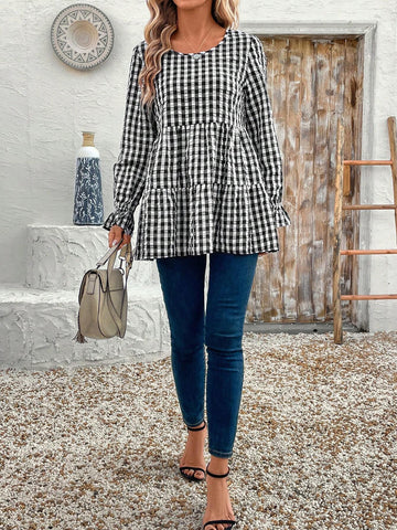 EMERY ROSE Women's Plaid Crew Neck Ruffle Trim Long Sleeve Blouse, Autumn