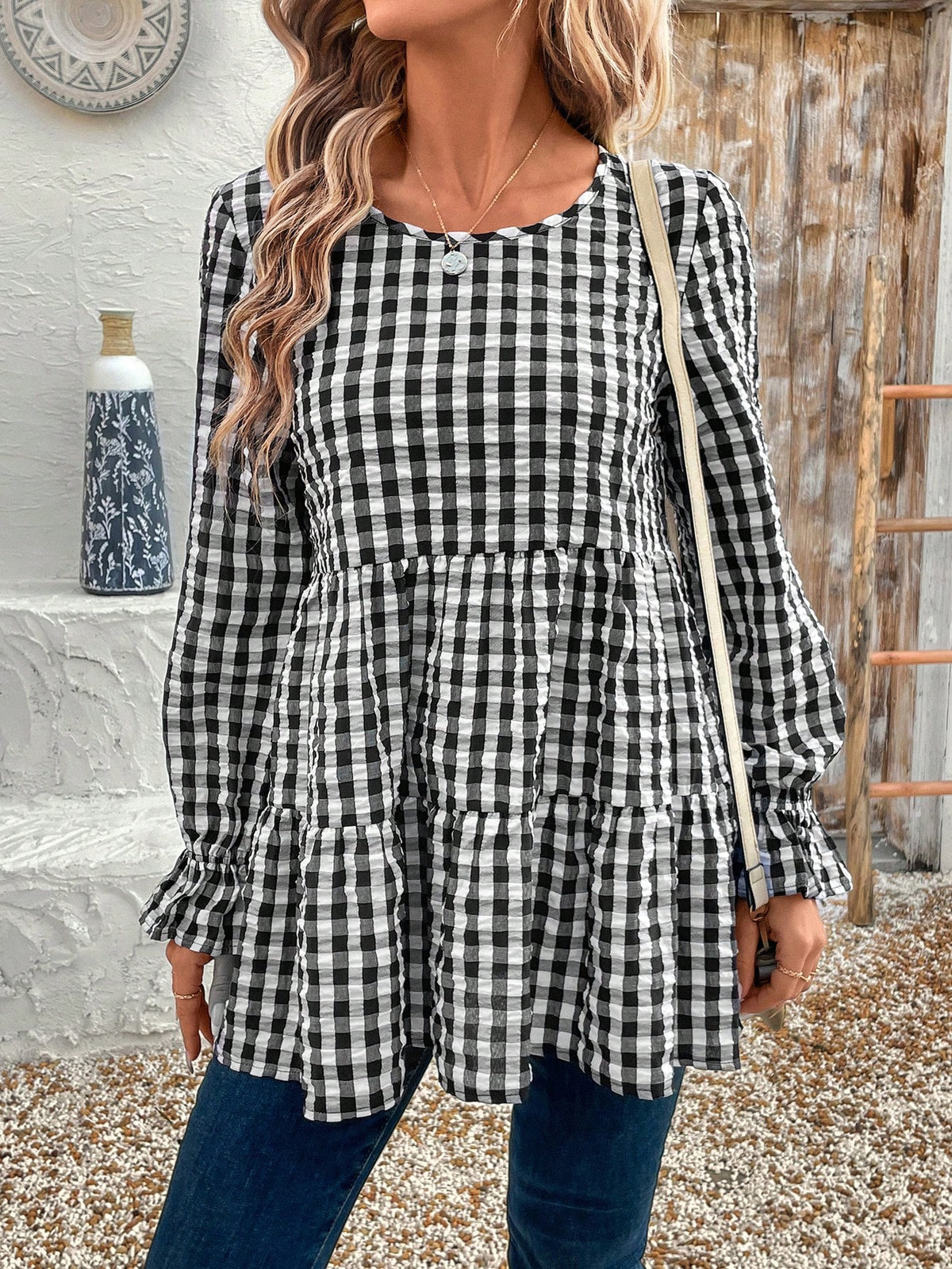 EMERY ROSE Women's Plaid Crew Neck Ruffle Trim Long Sleeve Blouse, Autumn