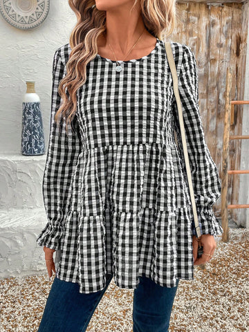 EMERY ROSE Women's Plaid Crew Neck Ruffle Trim Long Sleeve Blouse, Autumn