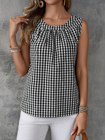 EMERY ROSE Women's Plaid Sleeveless Vacation Casual Shirt