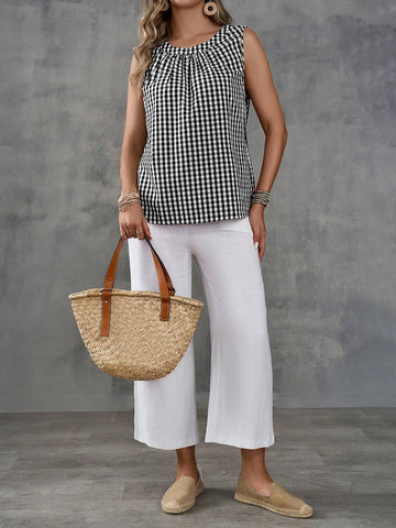 EMERY ROSE Women's Plaid Sleeveless Vacation Casual Shirt