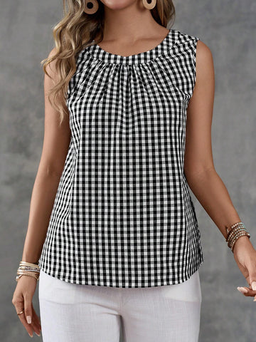 EMERY ROSE Women's Plaid Sleeveless Vacation Casual Shirt