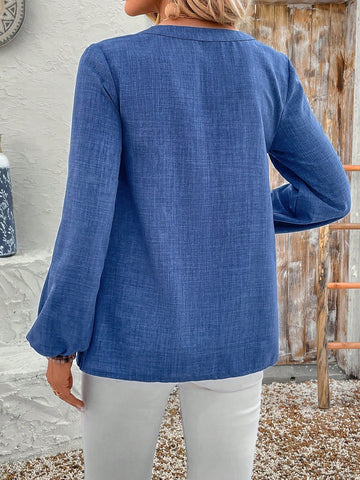 EMERY ROSE Women's Plain V-Neck Lantern Sleeve Casual Shirt For Autumn Blue Shirt
