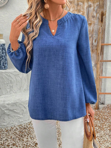 EMERY ROSE Women's Plain V-Neck Lantern Sleeve Casual Shirt For Autumn Blue Shirt