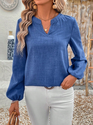 EMERY ROSE Women's Plain V-Neck Lantern Sleeve Casual Shirt For Autumn Blue Shirt