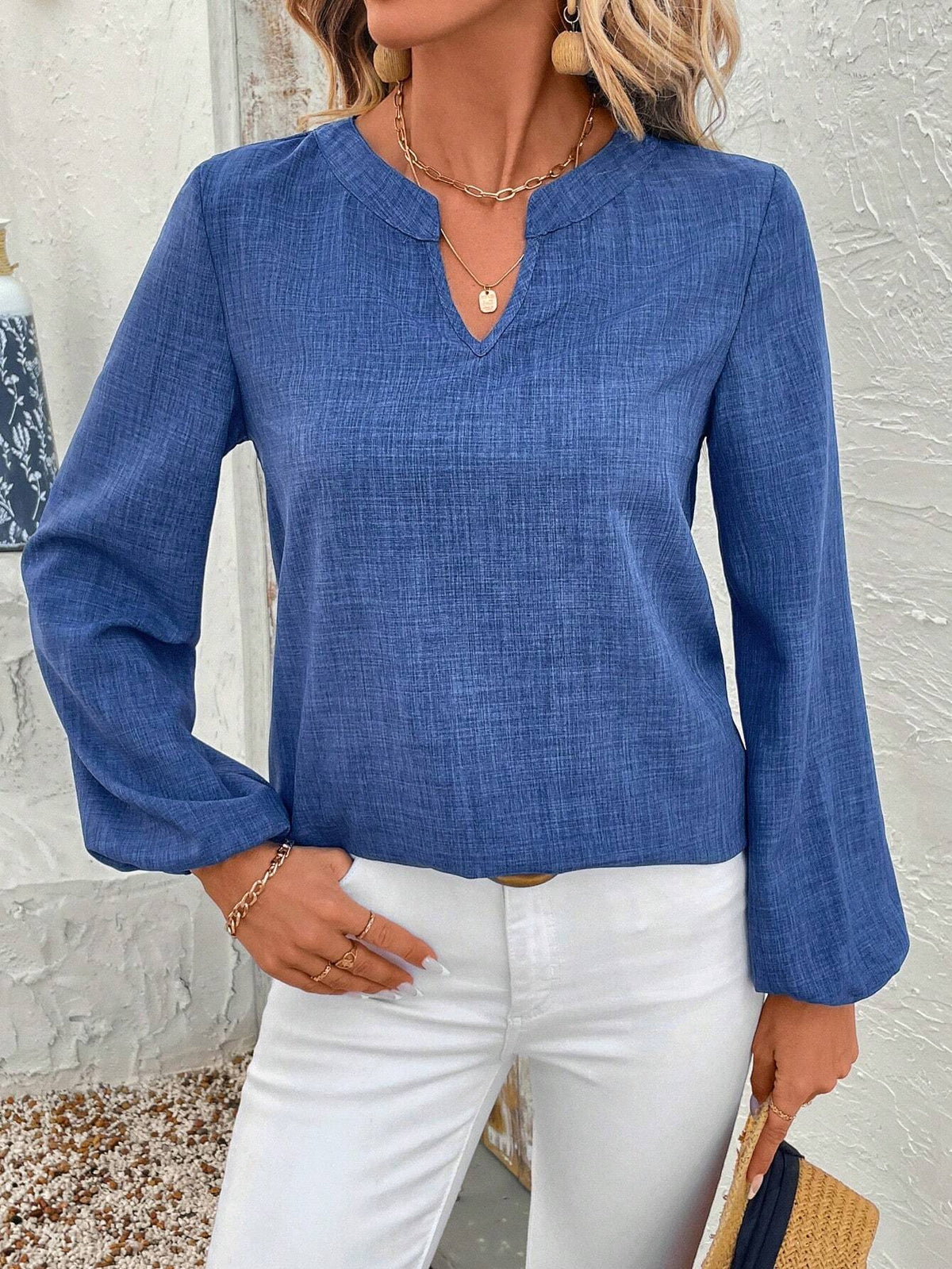EMERY ROSE Women's Plain V-Neck Lantern Sleeve Casual Shirt For Autumn Blue Shirt