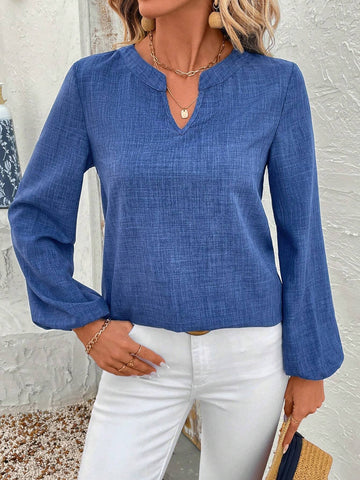 EMERY ROSE Women's Plain V-Neck Lantern Sleeve Casual Shirt For Autumn Blue Shirt