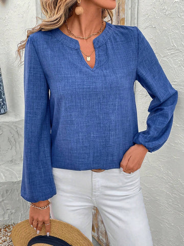 EMERY ROSE Women's Plain V-Neck Lantern Sleeve Casual Shirt For Autumn Blue Shirt