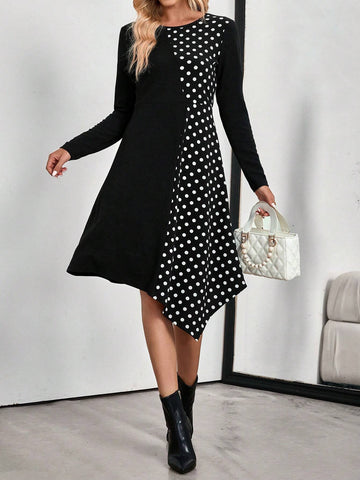 EMERY ROSE Women's Polka Dot Print Asymmetric Hem Long Sleeve Mini Dress