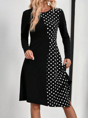 EMERY ROSE Women's Polka Dot Print Asymmetric Hem Long Sleeve Mini Dress