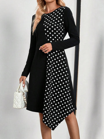 EMERY ROSE Women's Polka Dot Print Asymmetric Hem Long Sleeve Mini Dress