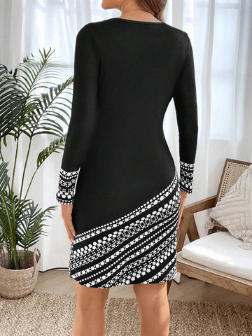 EMERY ROSE Women's Polka Dot Print Bodycon Mini Dress, Round Neck Long Sleeve, Autumn