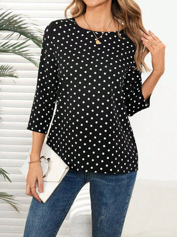 EMERY ROSE Women's Polka Dot Print Round Neck 3/4 Sleeve Casual Blouse