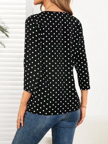 EMERY ROSE Women's Polka Dot Print Round Neck 3/4 Sleeve Casual Blouse