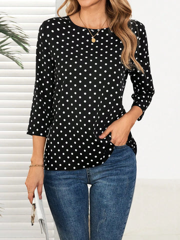 EMERY ROSE Women's Polka Dot Print Round Neck 3/4 Sleeve Casual Blouse