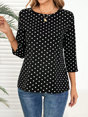 EMERY ROSE Women's Polka Dot Print Round Neck 3/4 Sleeve Casual Blouse